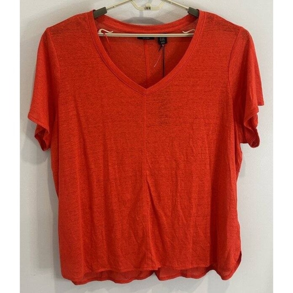 Tahari Luxe 100% Linen‎ Short Sleeve V Neck Seamed Shirt New Red Size 3X